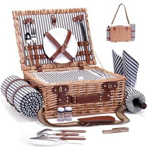 Wicker Picnic Basket Set with Striped Accessories